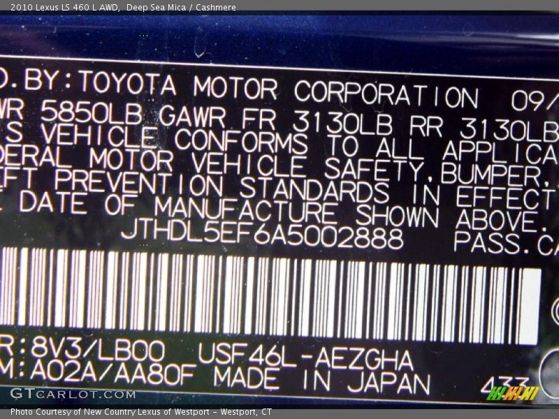 2010 LS 460 L AWD Deep Sea Mica Color Code 8V3