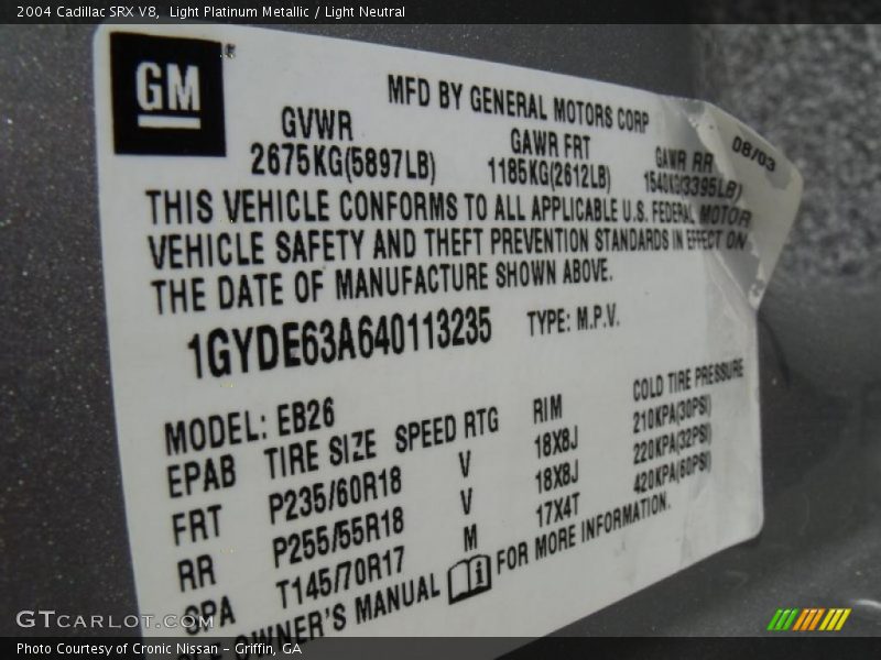 Light Platinum Metallic / Light Neutral 2004 Cadillac SRX V8