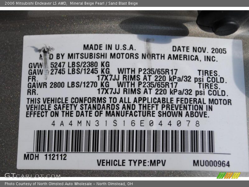 Info Tag of 2006 Endeavor LS AWD