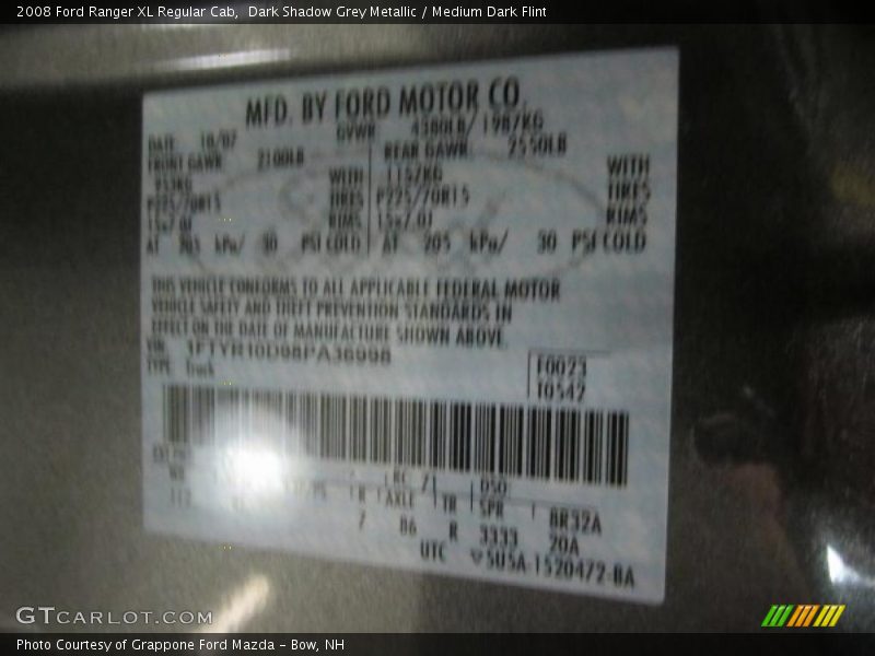 Dark Shadow Grey Metallic / Medium Dark Flint 2008 Ford Ranger XL Regular Cab
