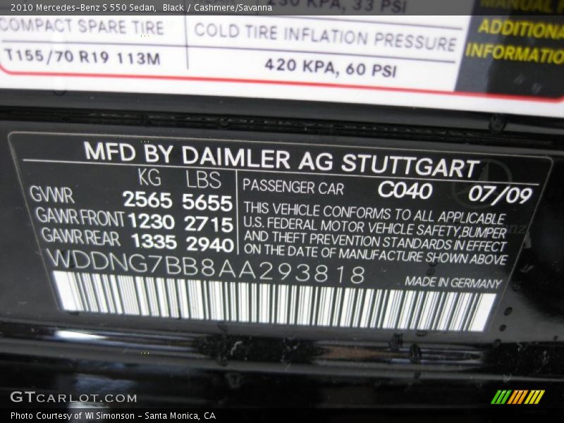 Black / Cashmere/Savanna 2010 Mercedes-Benz S 550 Sedan
