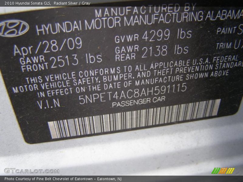 Radiant Silver / Gray 2010 Hyundai Sonata GLS