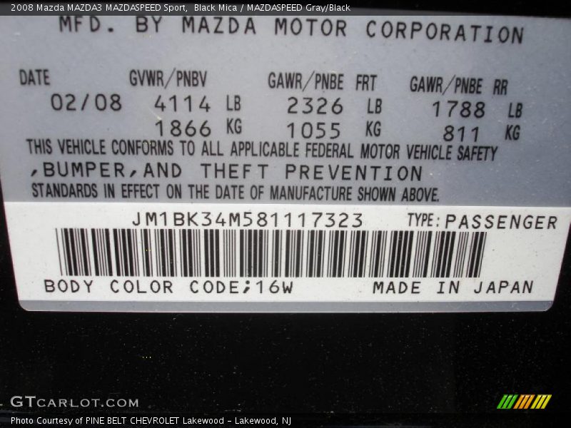2008 MAZDA3 MAZDASPEED Sport Black Mica Color Code 16W
