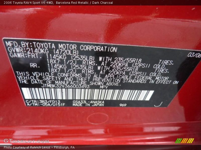2006 RAV4 Sport V6 4WD Barcelona Red Metallic Color Code 3R3