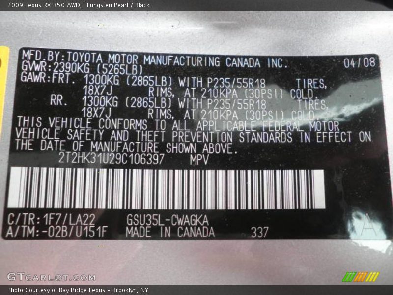 Tungsten Pearl / Black 2009 Lexus RX 350 AWD