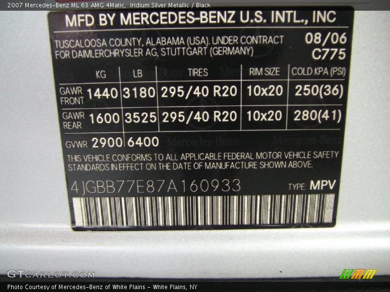 2007 ML 63 AMG 4Matic Iridium Silver Metallic Color Code 775