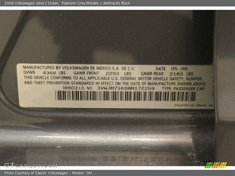 Platinum Grey Metallic / Anthracite Black 2008 Volkswagen Jetta S Sedan