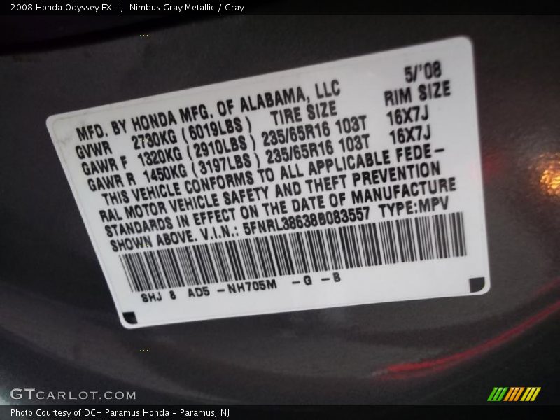Nimbus Gray Metallic / Gray 2008 Honda Odyssey EX-L