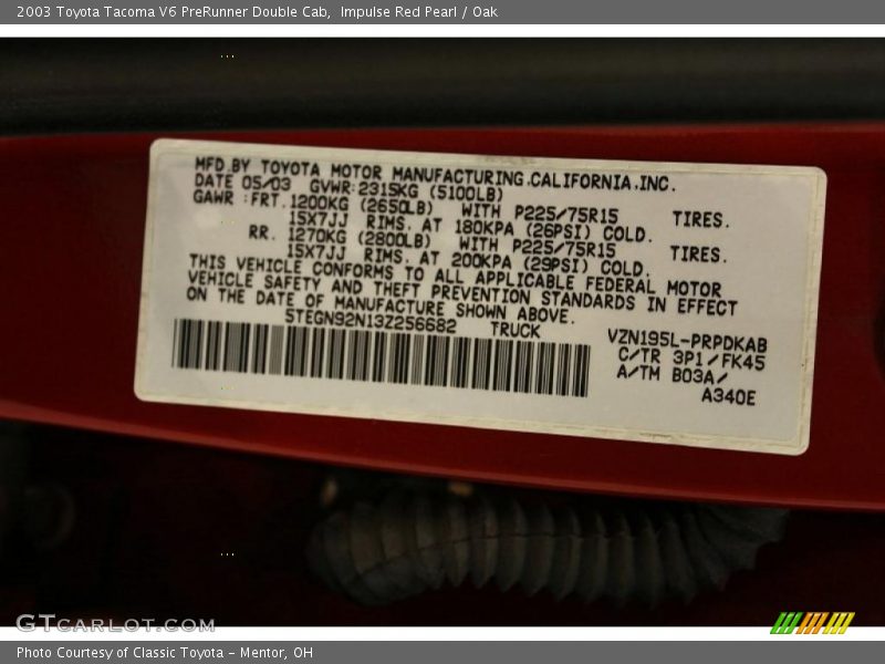 2003 Tacoma V6 PreRunner Double Cab Impulse Red Pearl Color Code 3P1