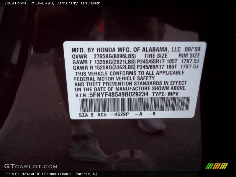 Dark Cherry Pearl / Black 2009 Honda Pilot EX-L 4WD