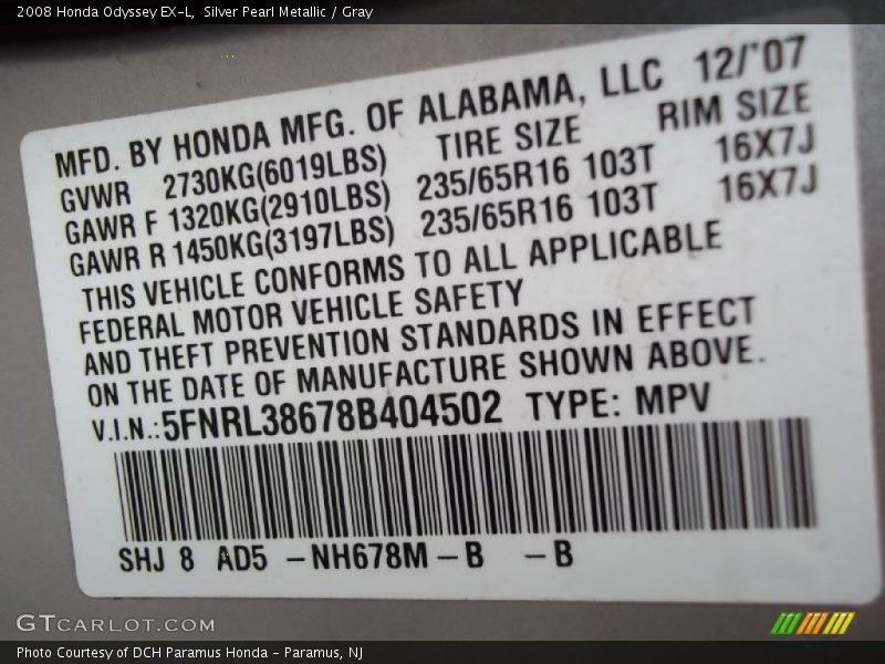 Silver Pearl Metallic / Gray 2008 Honda Odyssey EX-L