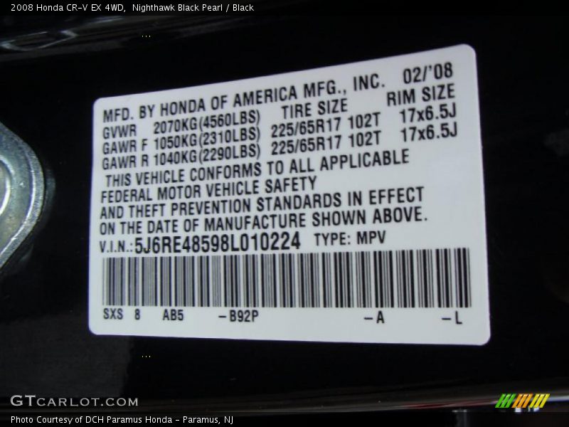 Nighthawk Black Pearl / Black 2008 Honda CR-V EX 4WD