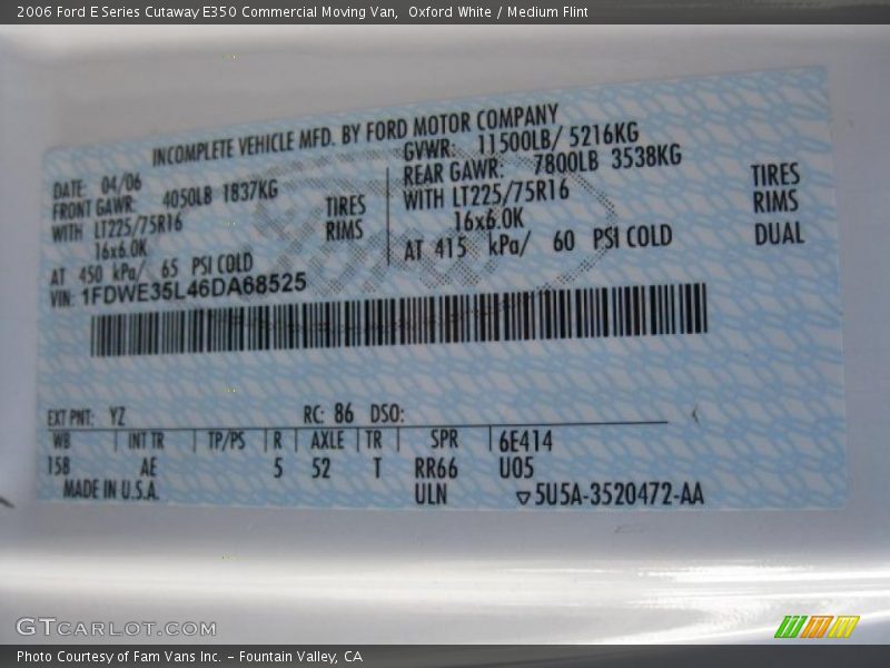 2006 E Series Cutaway E350 Commercial Moving Van Oxford White Color Code YZ