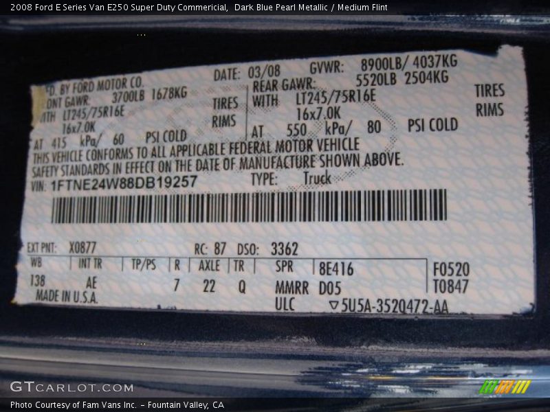 Dark Blue Pearl Metallic / Medium Flint 2008 Ford E Series Van E250 Super Duty Commericial
