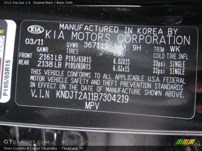 Shadow Black / Black Cloth 2011 Kia Soul 1.6