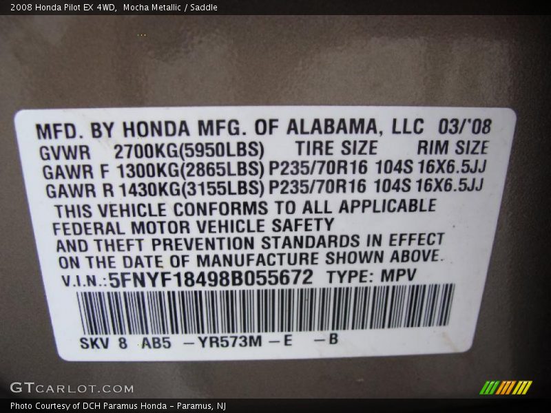 Mocha Metallic / Saddle 2008 Honda Pilot EX 4WD