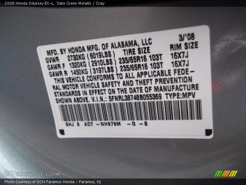 Slate Green Metallic / Gray 2008 Honda Odyssey EX-L