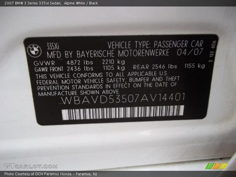 Alpine White / Black 2007 BMW 3 Series 335xi Sedan