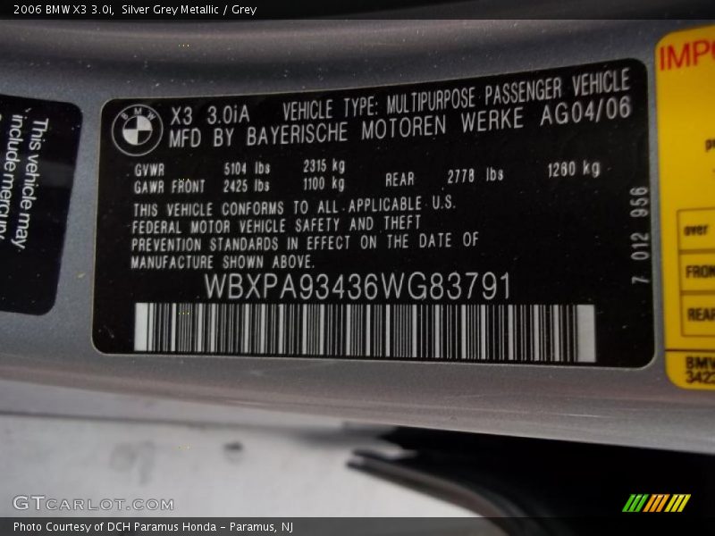 Silver Grey Metallic / Grey 2006 BMW X3 3.0i