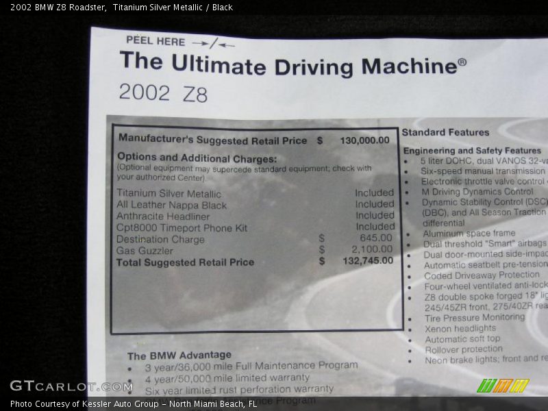  2002 Z8 Roadster Window Sticker