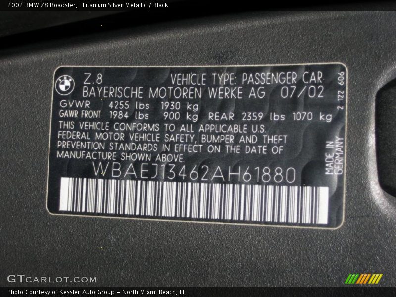 Info Tag of 2002 Z8 Roadster