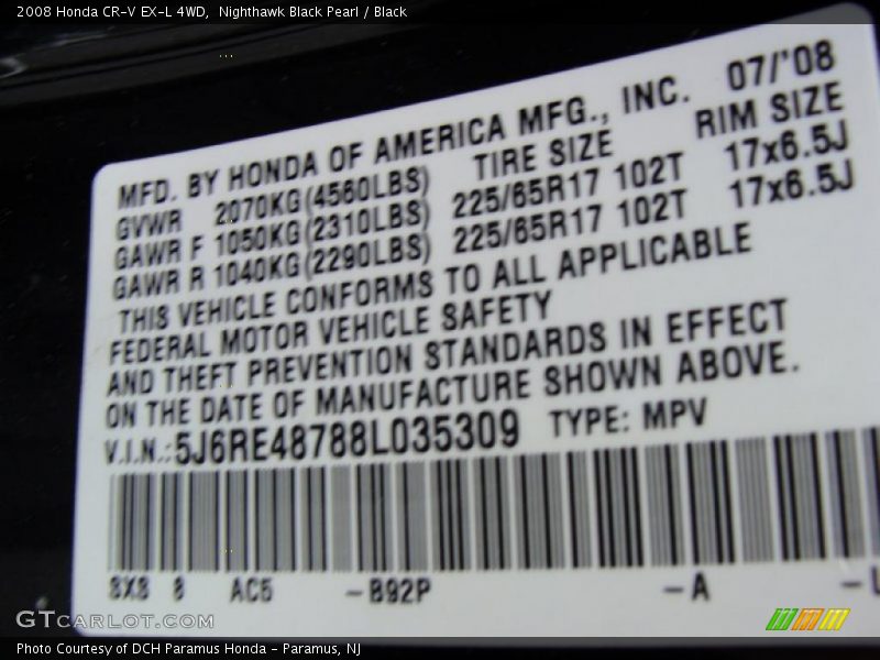 Nighthawk Black Pearl / Black 2008 Honda CR-V EX-L 4WD