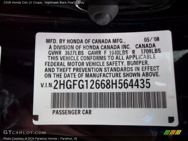 Nighthawk Black Pearl / Gray 2008 Honda Civic LX Coupe