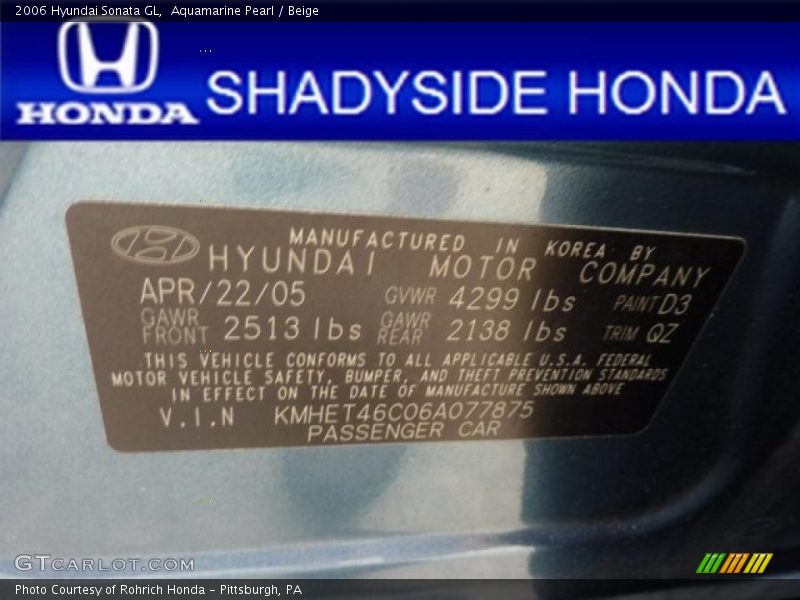 Aquamarine Pearl / Beige 2006 Hyundai Sonata GL