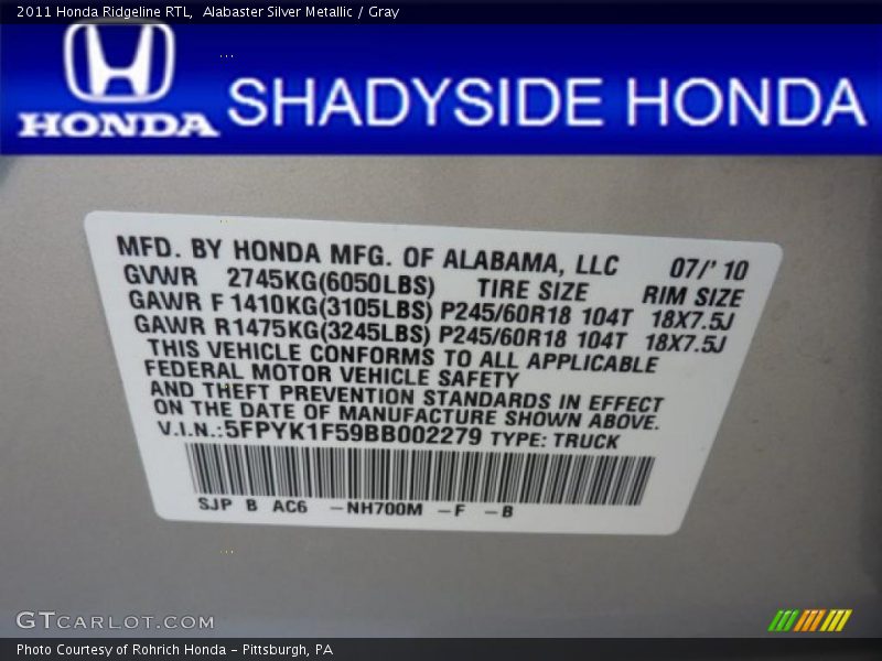 Alabaster Silver Metallic / Gray 2011 Honda Ridgeline RTL