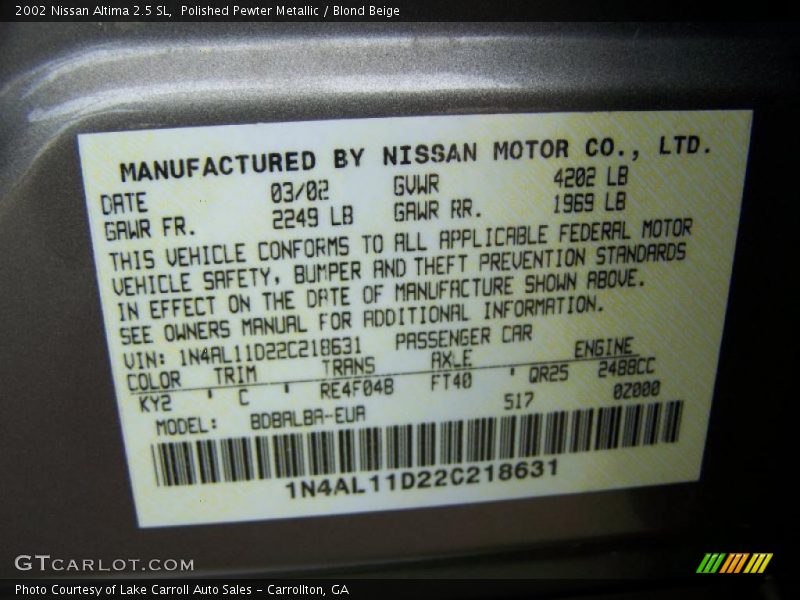 Polished Pewter Metallic / Blond Beige 2002 Nissan Altima 2.5 SL
