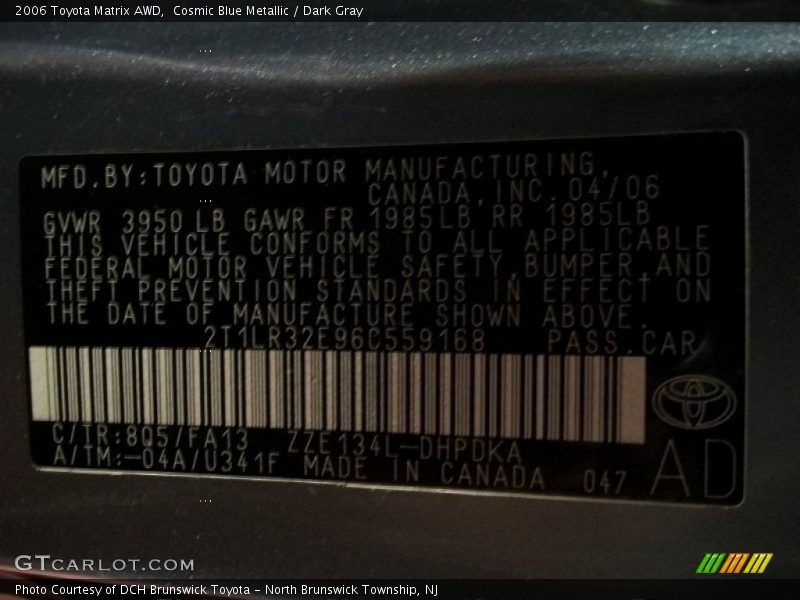 Cosmic Blue Metallic / Dark Gray 2006 Toyota Matrix AWD