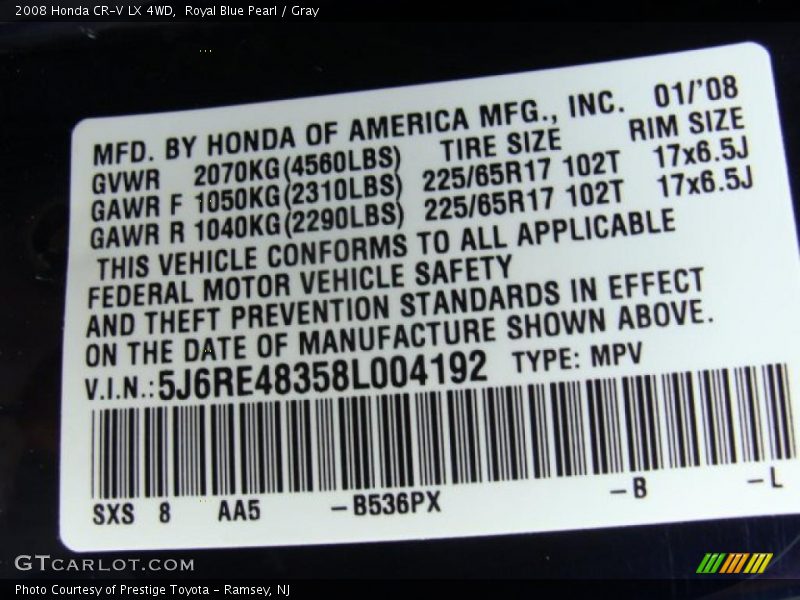 Royal Blue Pearl / Gray 2008 Honda CR-V LX 4WD