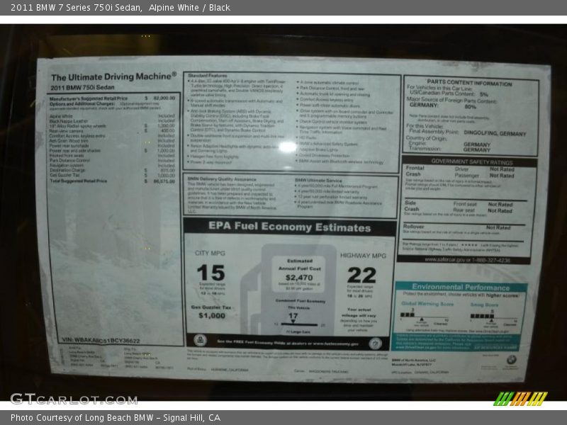  2011 7 Series 750i Sedan Window Sticker