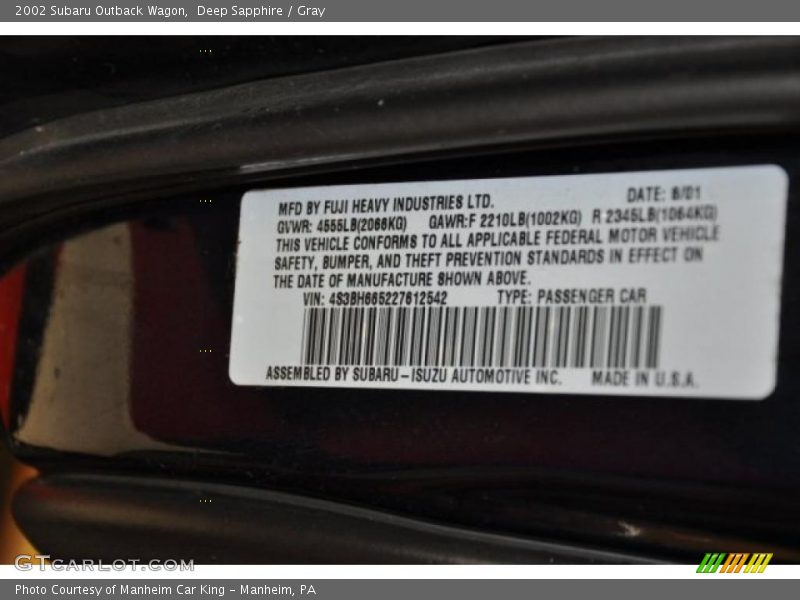 Deep Sapphire / Gray 2002 Subaru Outback Wagon