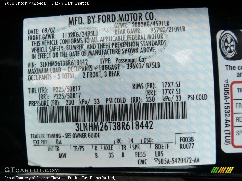 Black / Dark Charcoal 2008 Lincoln MKZ Sedan