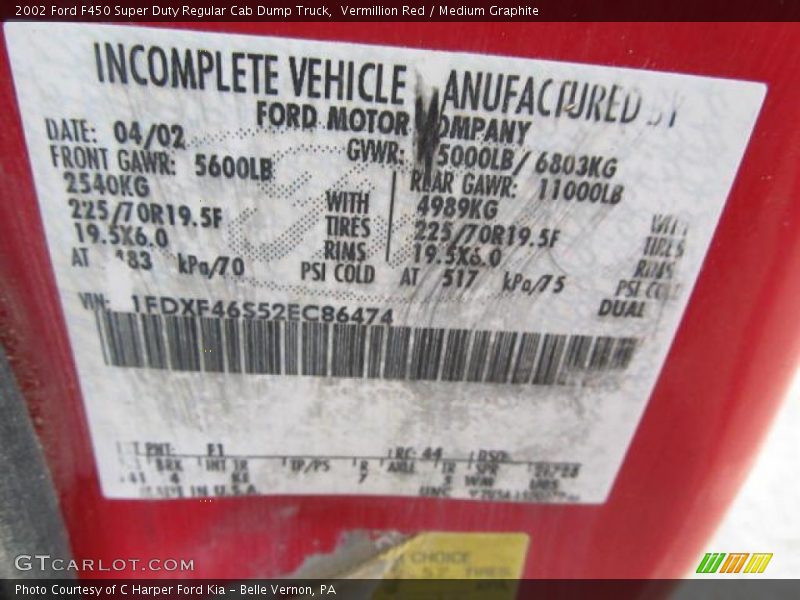 2002 F450 Super Duty Regular Cab Dump Truck Vermillion Red Color Code F1