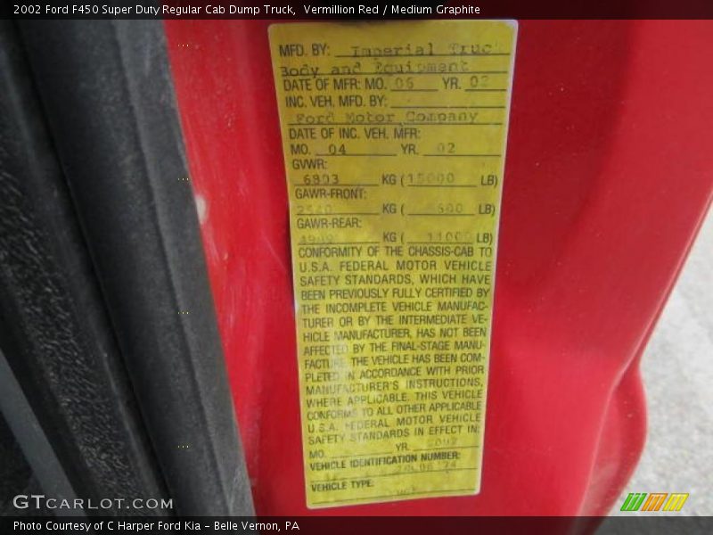 Vermillion Red / Medium Graphite 2002 Ford F450 Super Duty Regular Cab Dump Truck