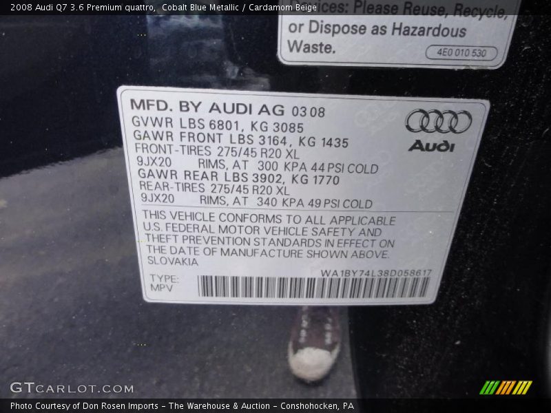 Cobalt Blue Metallic / Cardamom Beige 2008 Audi Q7 3.6 Premium quattro
