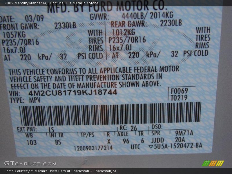 2009 Mariner I4 Light Ice Blue Metallic Color Code LS