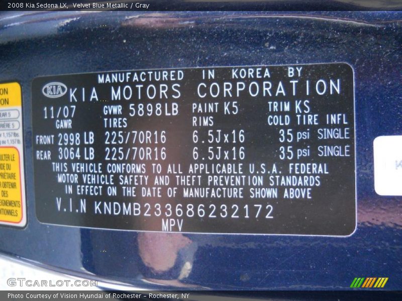 Velvet Blue Metallic / Gray 2008 Kia Sedona LX