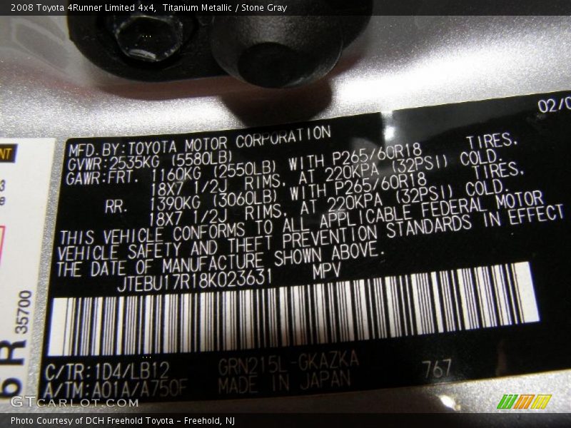 2008 4Runner Limited 4x4 Titanium Metallic Color Code 1D4