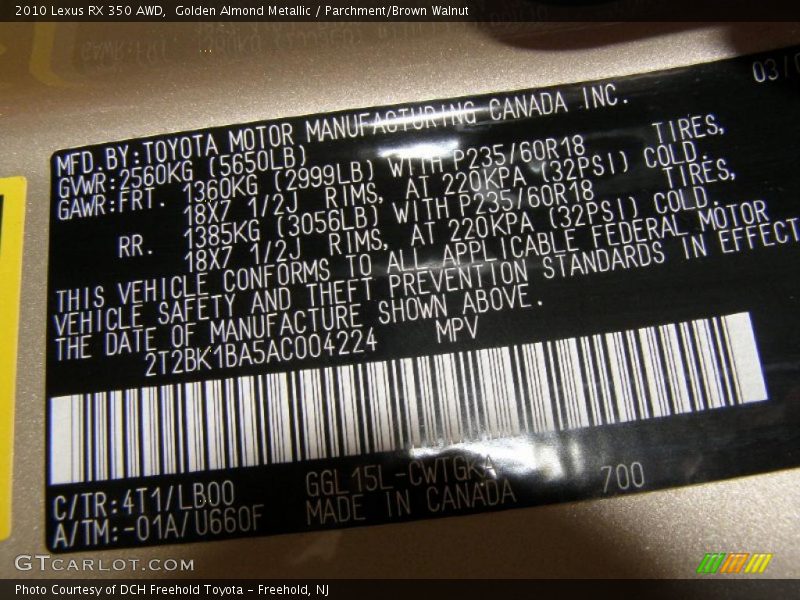 Golden Almond Metallic / Parchment/Brown Walnut 2010 Lexus RX 350 AWD