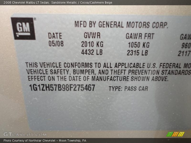Sandstone Metallic / Cocoa/Cashmere Beige 2008 Chevrolet Malibu LT Sedan