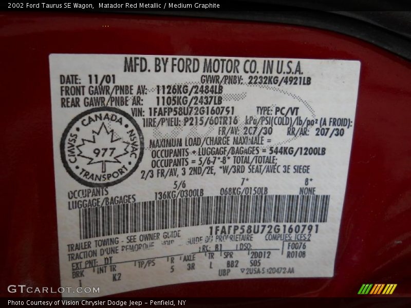 2002 Taurus SE Wagon Matador Red Metallic Color Code DT