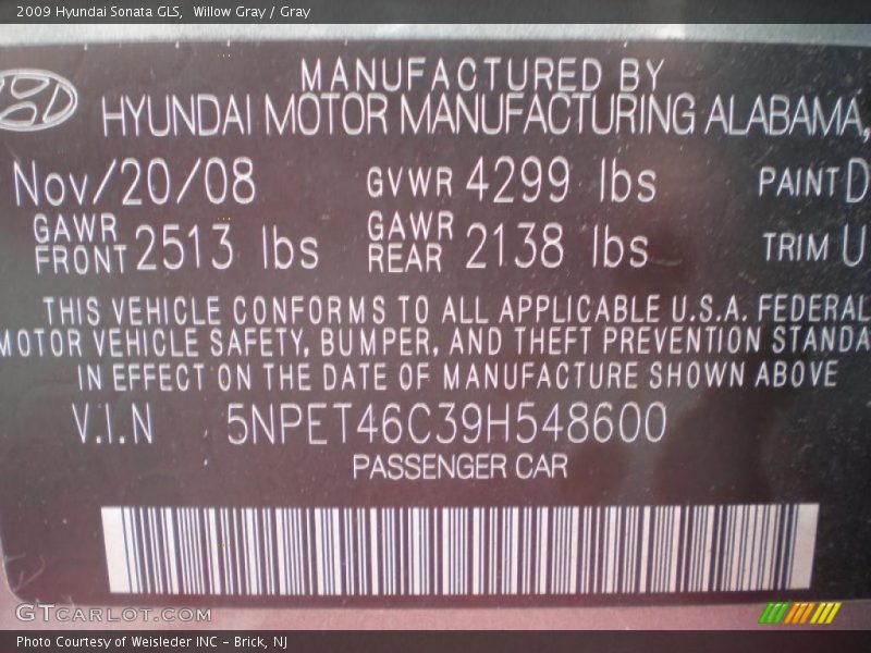Willow Gray / Gray 2009 Hyundai Sonata GLS