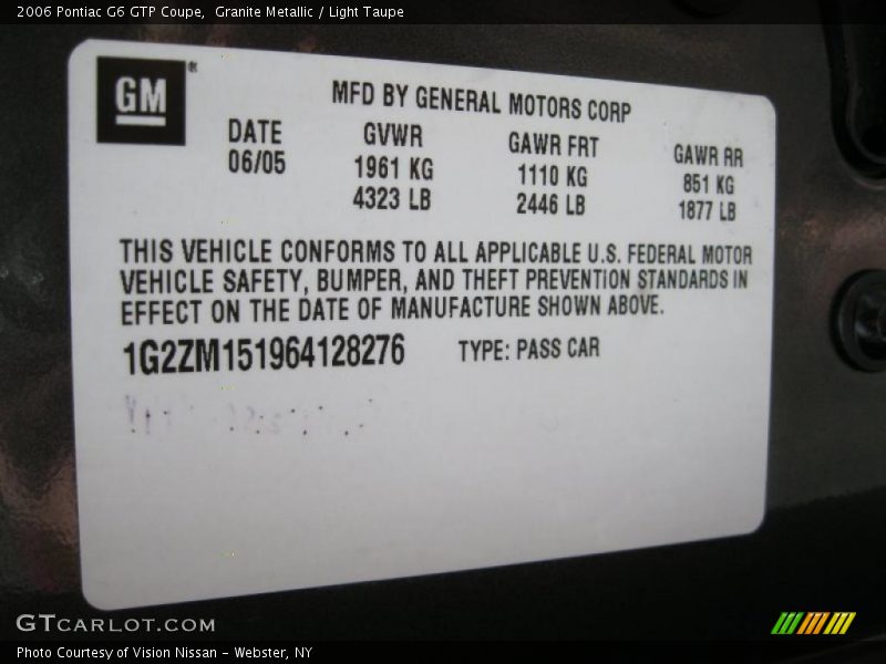 Info Tag of 2006 G6 GTP Coupe
