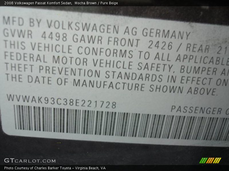 Mocha Brown / Pure Beige 2008 Volkswagen Passat Komfort Sedan