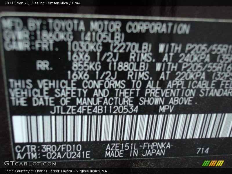 2011 xB  Sizzling Crimson Mica Color Code 3R0