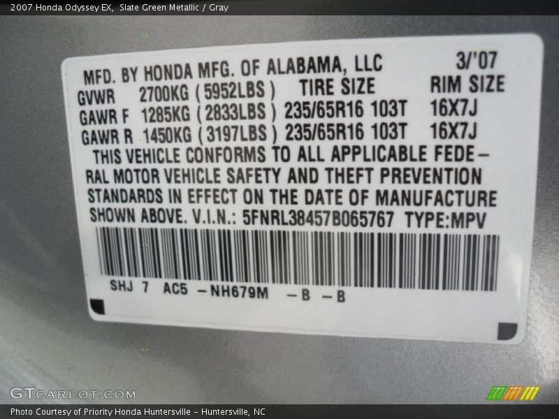 Slate Green Metallic / Gray 2007 Honda Odyssey EX