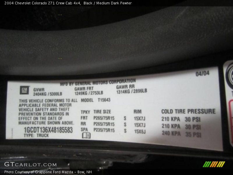 Black / Medium Dark Pewter 2004 Chevrolet Colorado Z71 Crew Cab 4x4